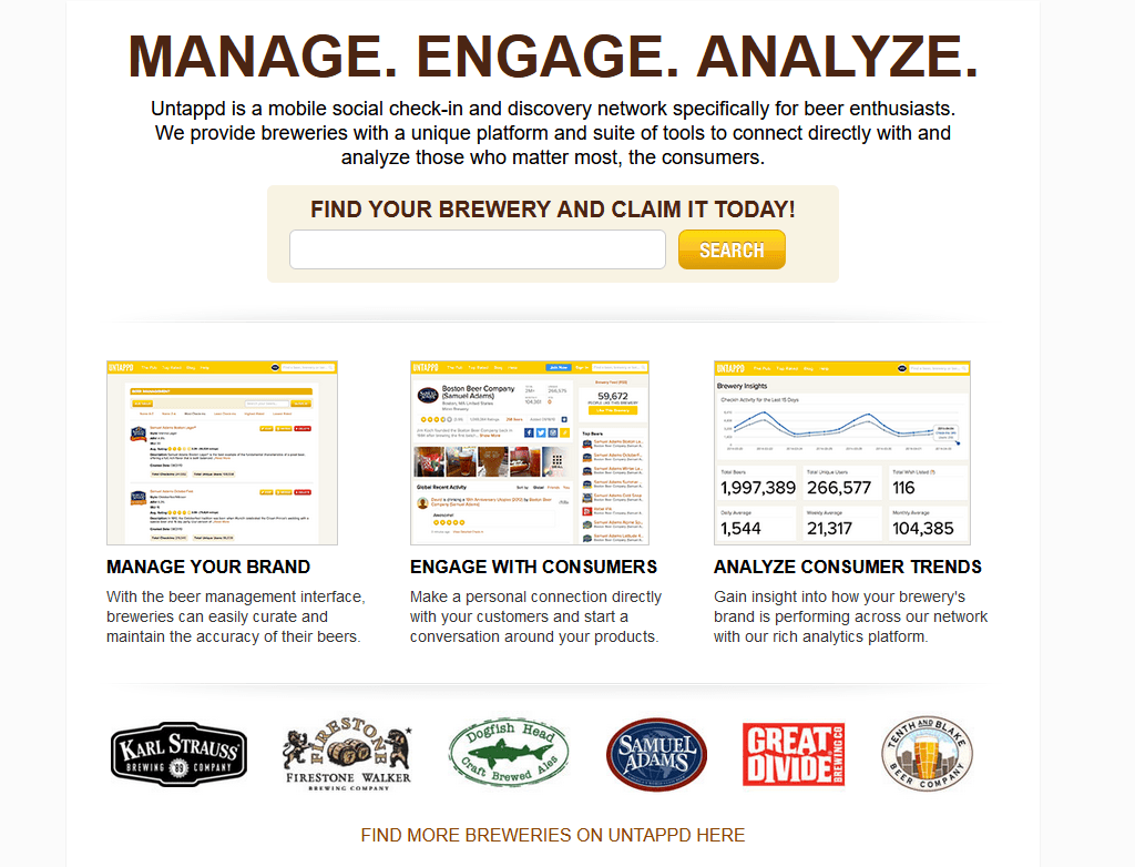 A screenshot of Untappd's website about options for breweries